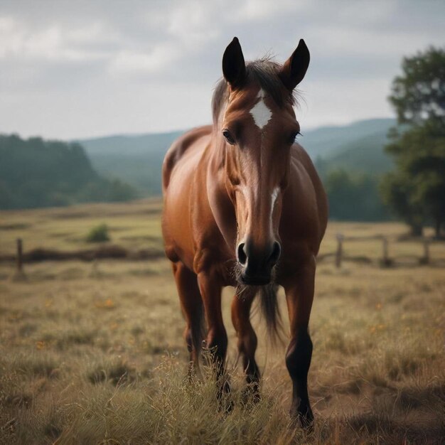 a horse is standing in a field with a fence in the background