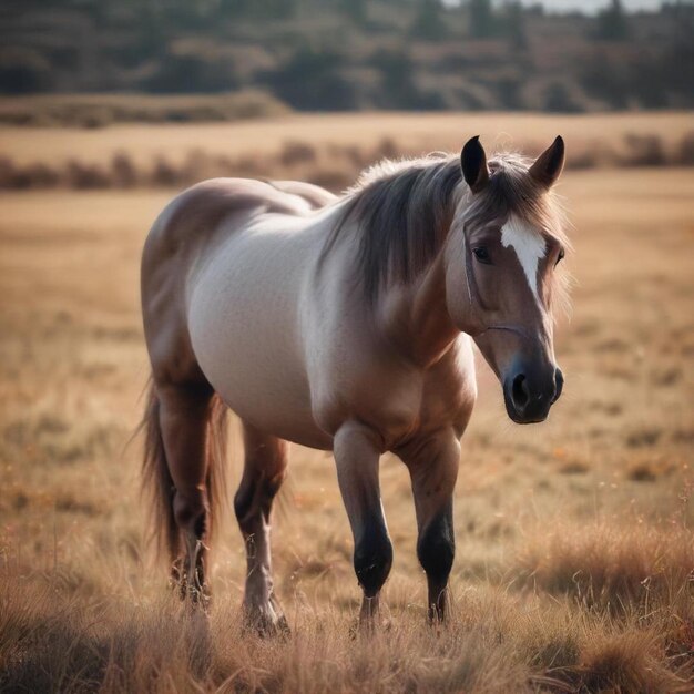 a horse is standing in a field with hay in the background