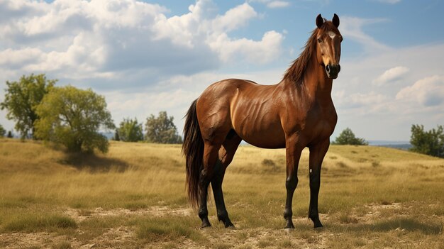 Photo a horse is standing in a field with a sky background