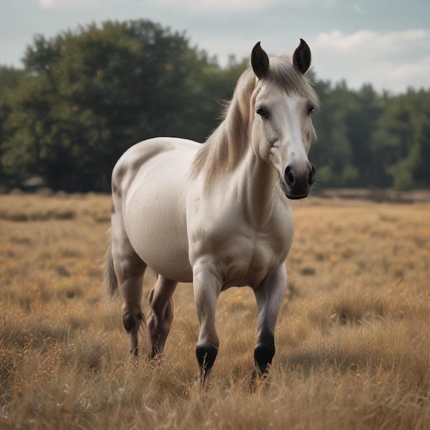 a horse is standing in a field with a tree in the background