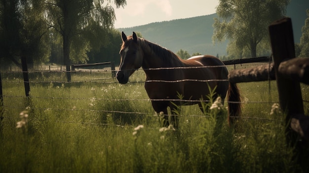 A horse is standing in a field