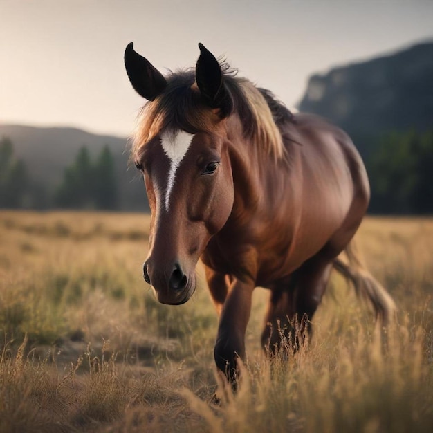 a horse is walking in a field with mountains in the background