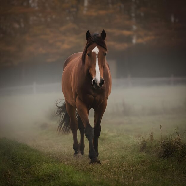 Photo a horse is walking in the fog in the background