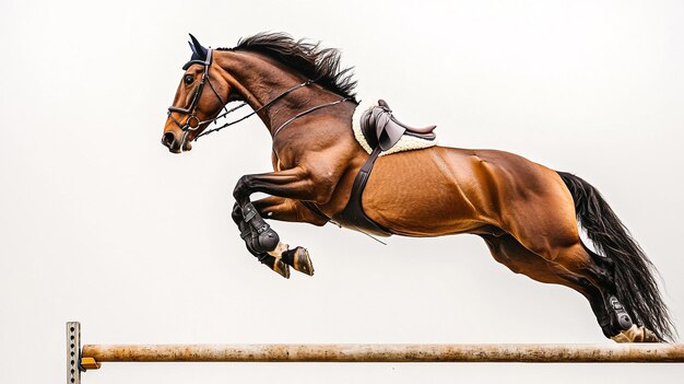 Photo a horse jumping over a fence with a saddle on it