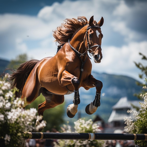 Photo horse jumping with breathtaking scenic view in image