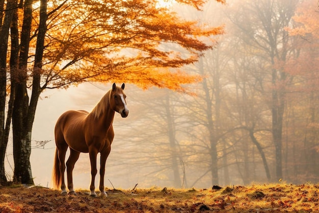 Horse in misty forest