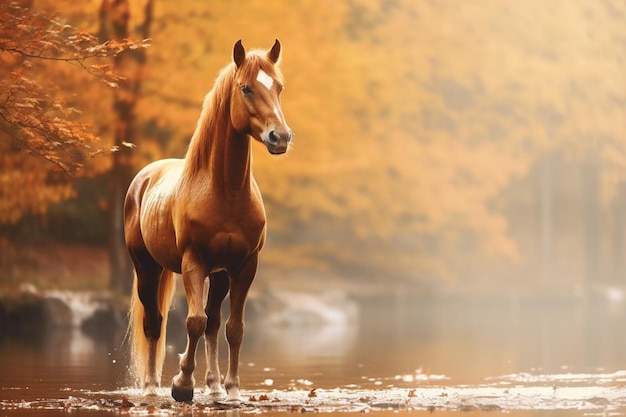 Horse in misty forest