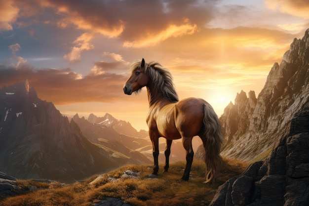 Horse in the mountains at sunset