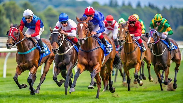 A horse race with jockeys wearing blue and red