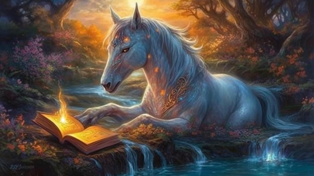 A horse reading a book by the river