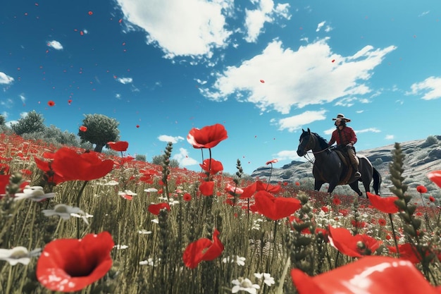 Horse and rider galloping across a field of vibrant