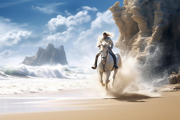 Horse and rider galloping along a beach with crashin