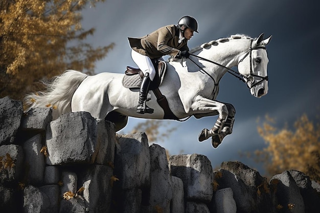 Horse and rider jumping over a stone wall in a show