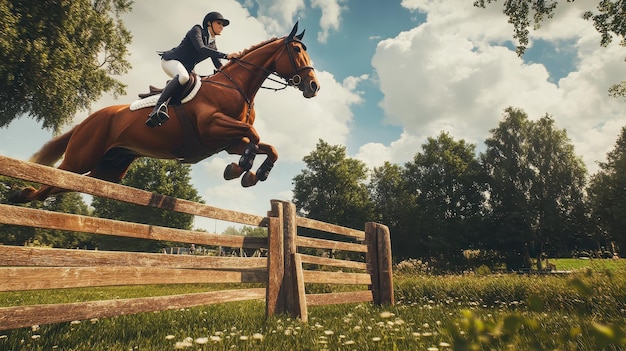 Photo horse and rider jumping over a wooden fence