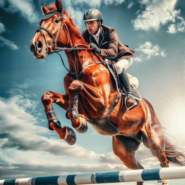 A horse and rider midair clearing a high jump obstacle