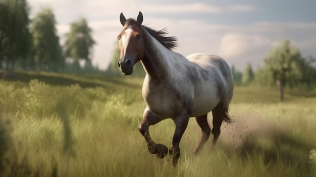 A horse running in a field with a cloudy sky in the background.