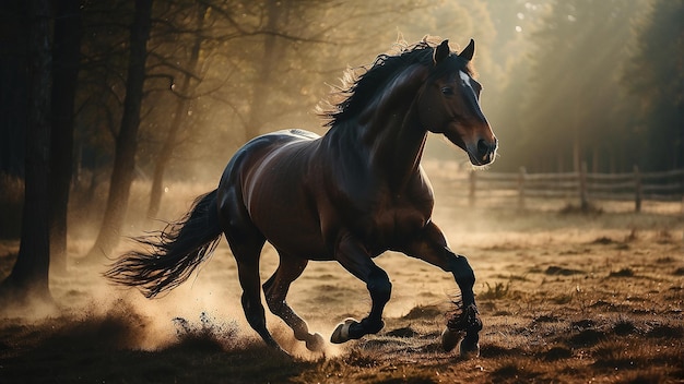 horse running in a field with the sun behind him