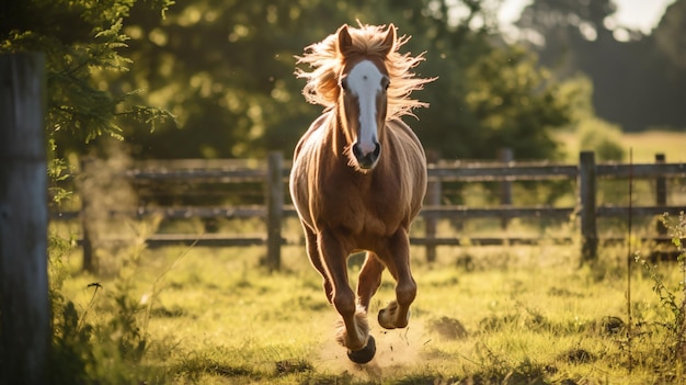 a horse running in a field with trees in the background