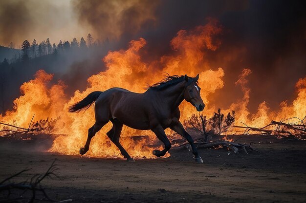 Photo horse running from wildfire