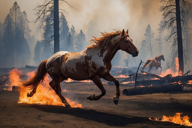 Photo horse running from wildfire