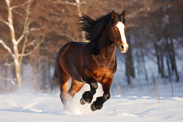 a horse running in the snow in a wooded area