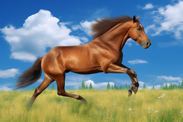 A horse runs in a field of grass.