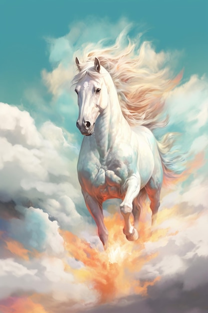 A horse runs through the clouds