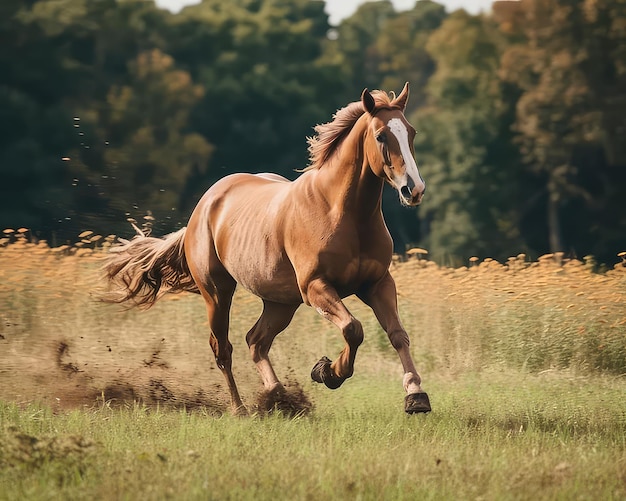 A horse runs through a field of wildflowers.