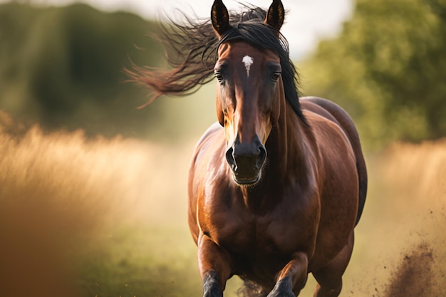 A horse runs through a field with the word horse on the front.