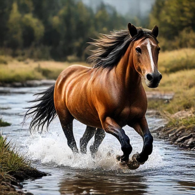 a horse runs through a stream with the horse running through it