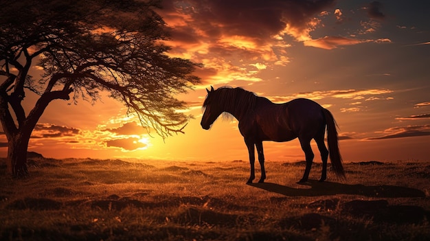 Horse silhouette amid sunset while grazing