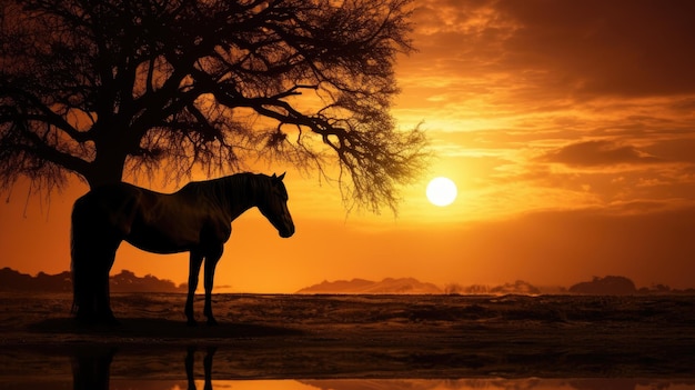 A horse silhouette grazing at sunrise with a vibrant backdrop