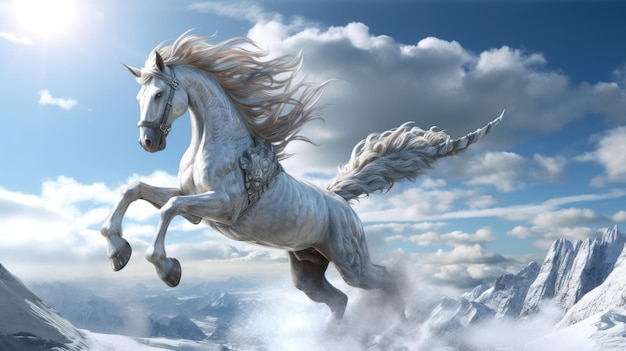 A horse in the sky is flying in the clouds.