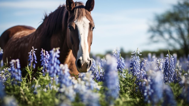 a horse standing in a field of blue flowers