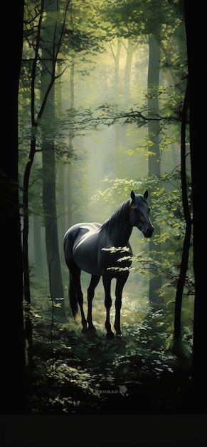 Horse standing forest ai generated image High quality ai generated image