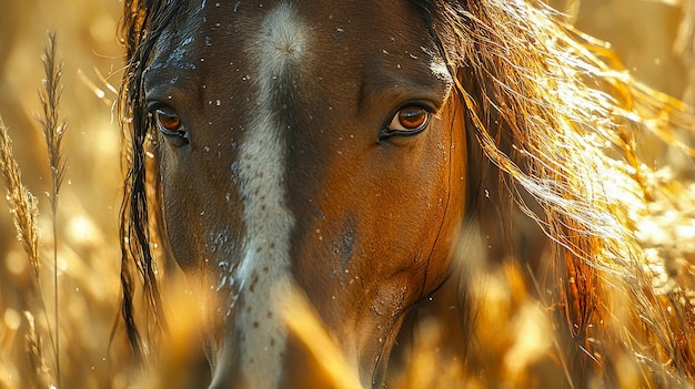 A horse standing gracefully in a golden field under soft sunlight