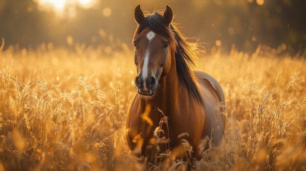 A horse standing gracefully in a golden field under soft sunlight