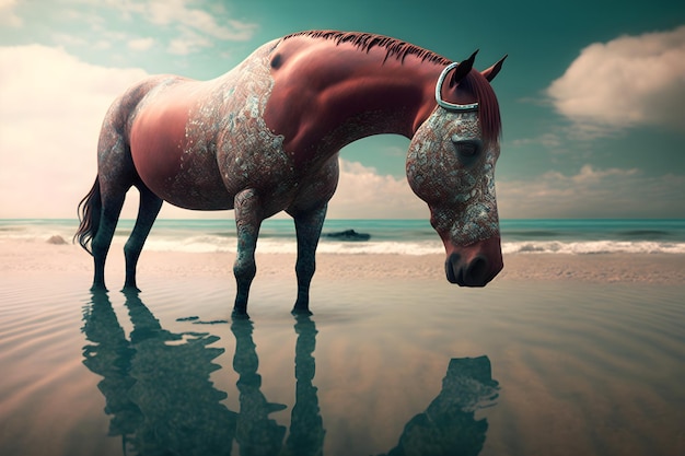 A horse stands on the beach and looks at the water.