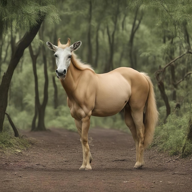 a horse stands in the middle of a dirt road