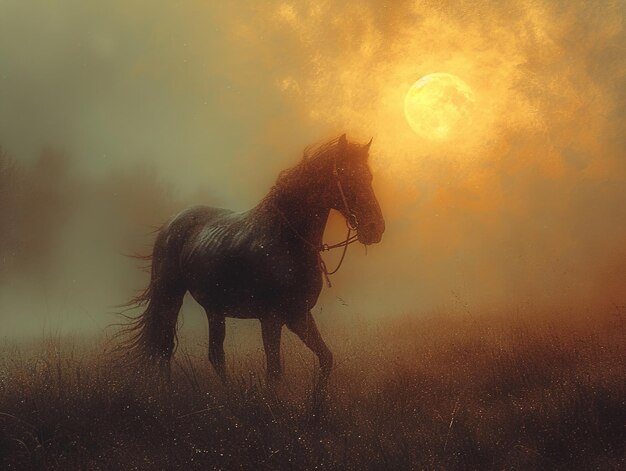 a horse in the sunset with the sun behind it