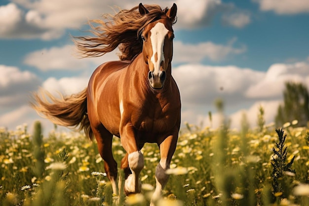 Horse trotting gracefully through a field of bloomin