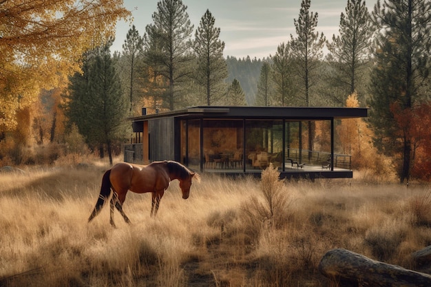 A horse walks in front of a house with a forest in the background.