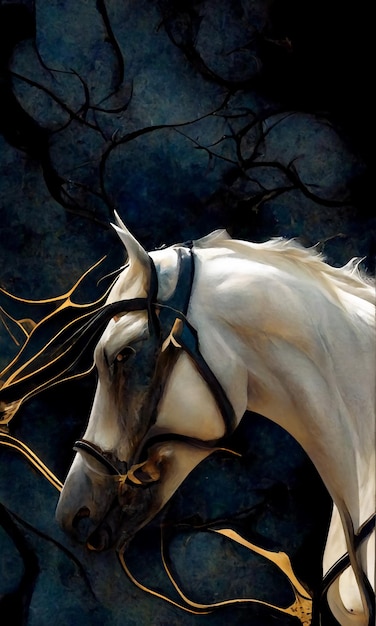 A horse with a black bridle and a white horse's face.