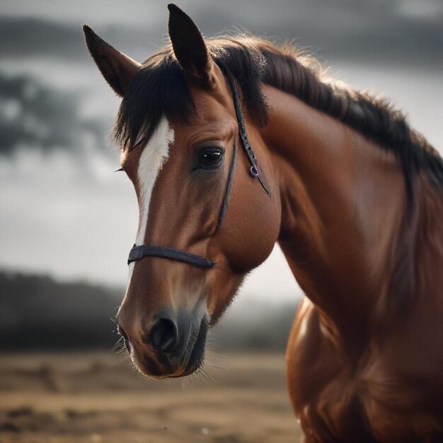 a horse with a black mane and a black bridle