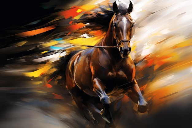 a horse with a black mane runs in a colorful abstract background.