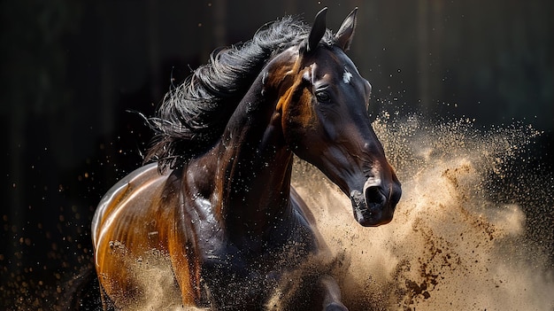 a horse with a black mane runs through the water