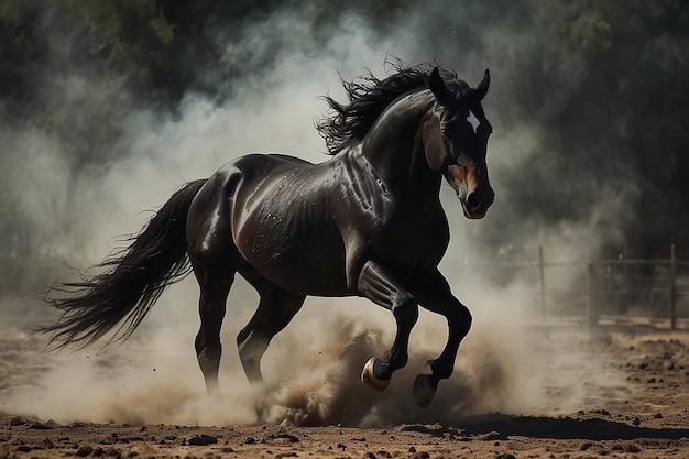 a horse with a black tail is galloping through the dirt