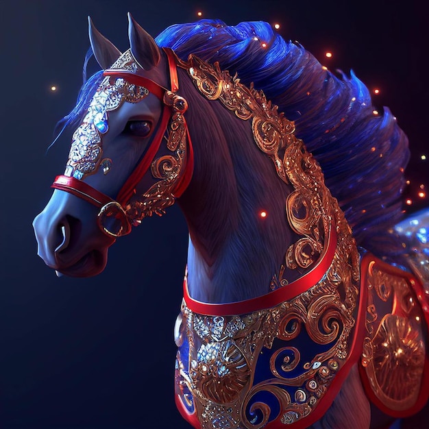 A horse with a blue headdress and a red and gold decoration on it.