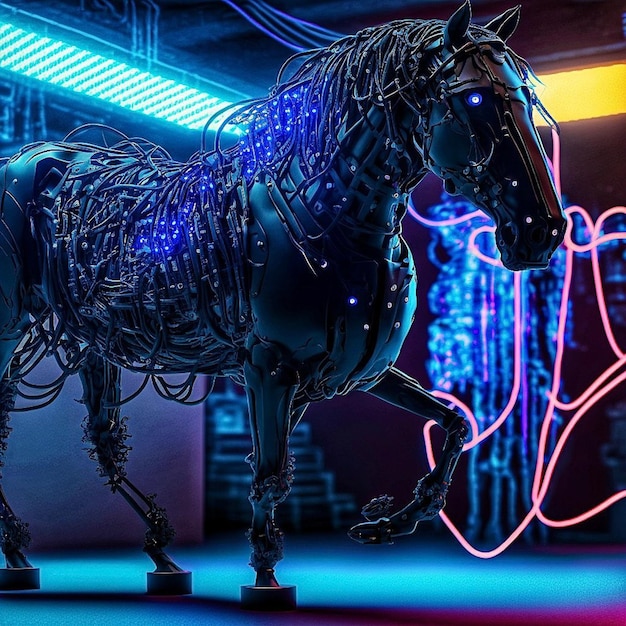 A horse with a blue light on it is in front of a neon sign that says'horse '