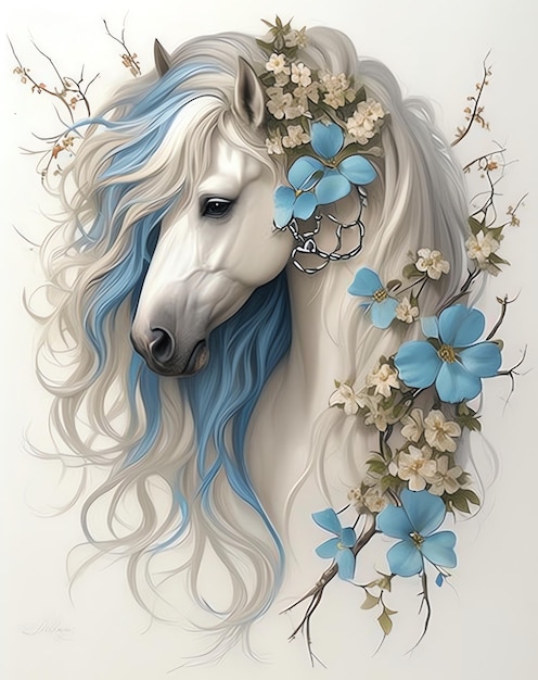 a horse with a blue mane and flowers on it